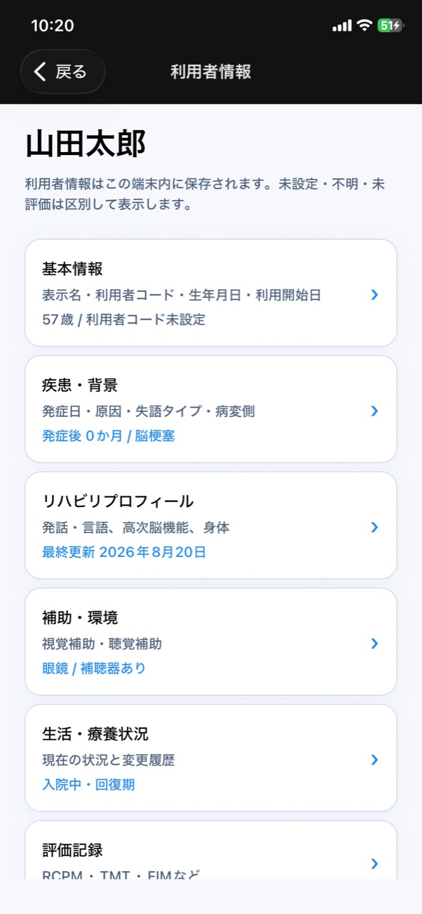 STAMU Aphasiaの利用者情報で基本情報と臨床プロフィールを確認する画面